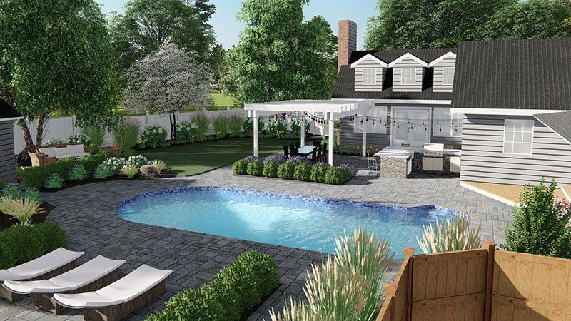 A 3D design of a backyard with a large swimming pool and a house.