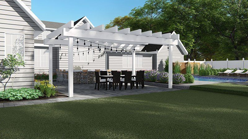 A 3D design of a pergola in the backyard with a table and chairs.
