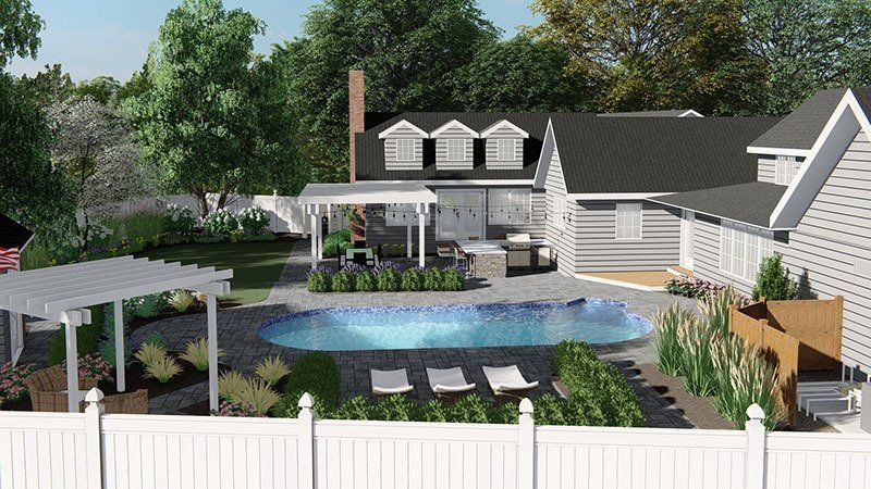 A 3D design of a backyard with a swimming pool and a pergola.