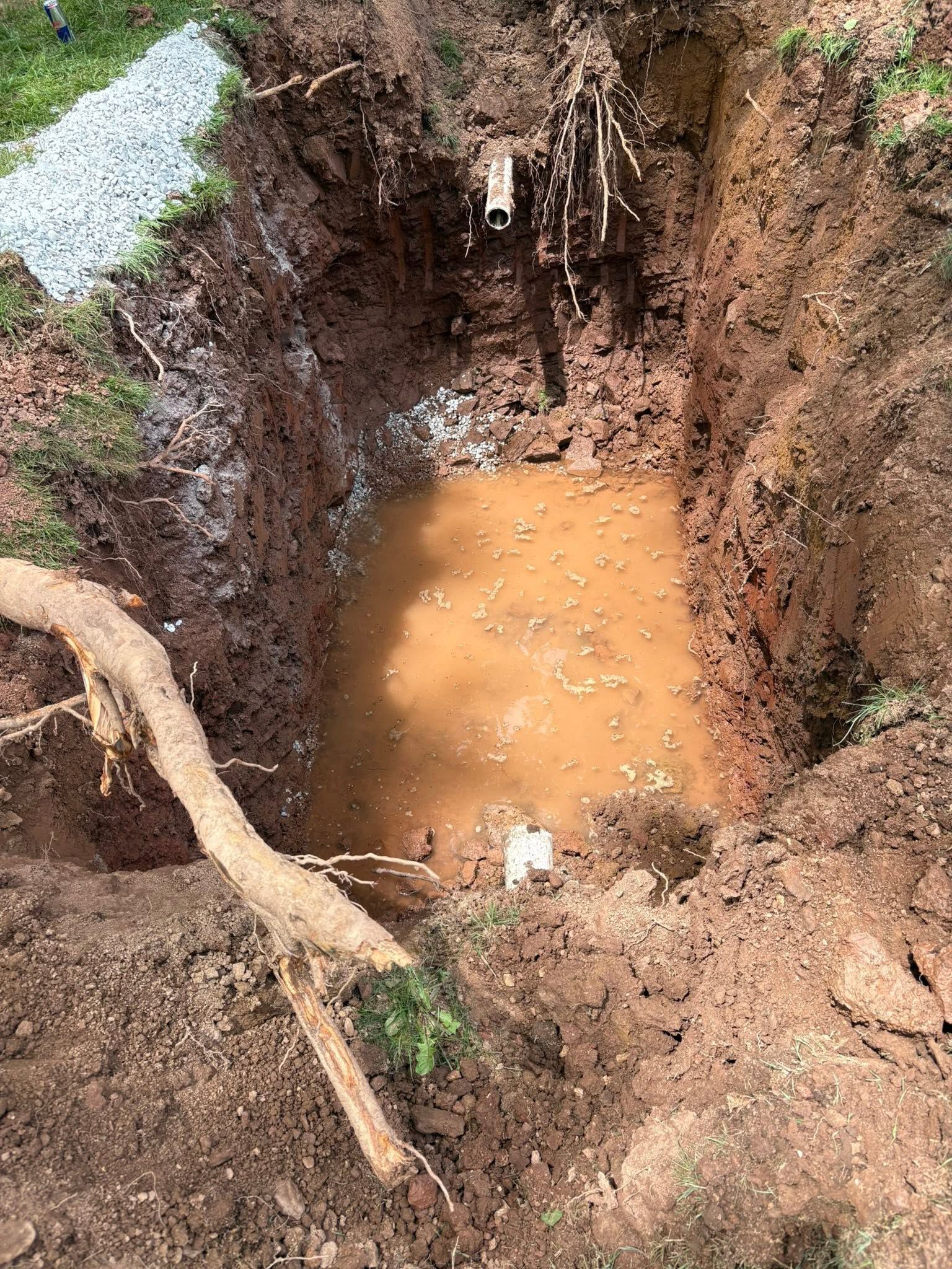Mud-filled excavation pit with standing brown water and exposed roots in the soil