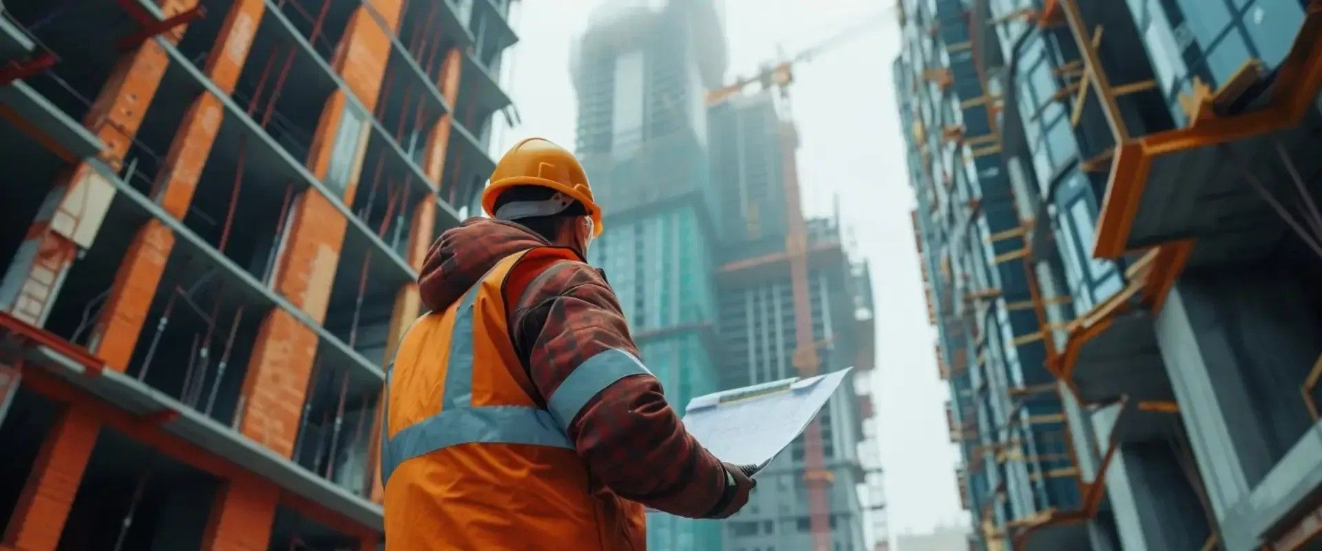 Construction worker in safety vest and hard hat reviewing plans amid unfinished high-rise buildings.