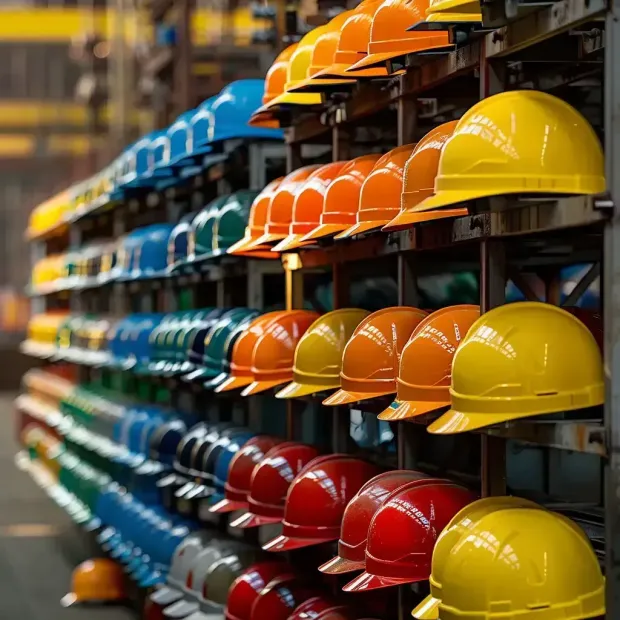 Rows of colorful hard hats on a metal rack: blue, green, orange, red, and yellow.