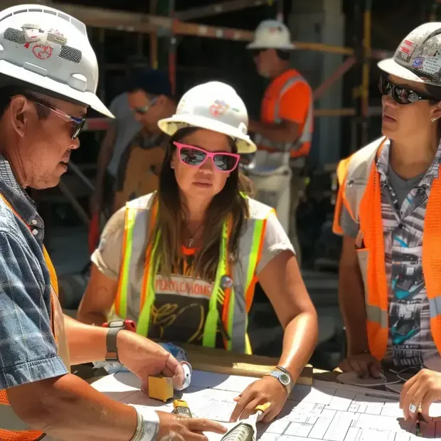 Construction workers reviewing blueprints at a work site. Several people wearing safety vests and hard hats.