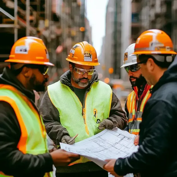 Construction workers in hard hats review blueprints on a city street.