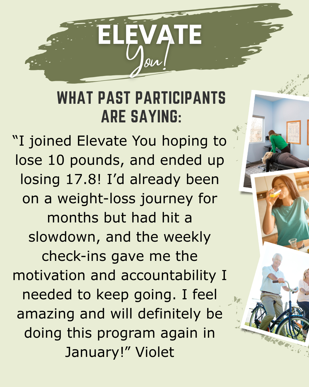 Advertisement for the Elevate You program. Quote from Violet about weight loss success and program effectiveness.