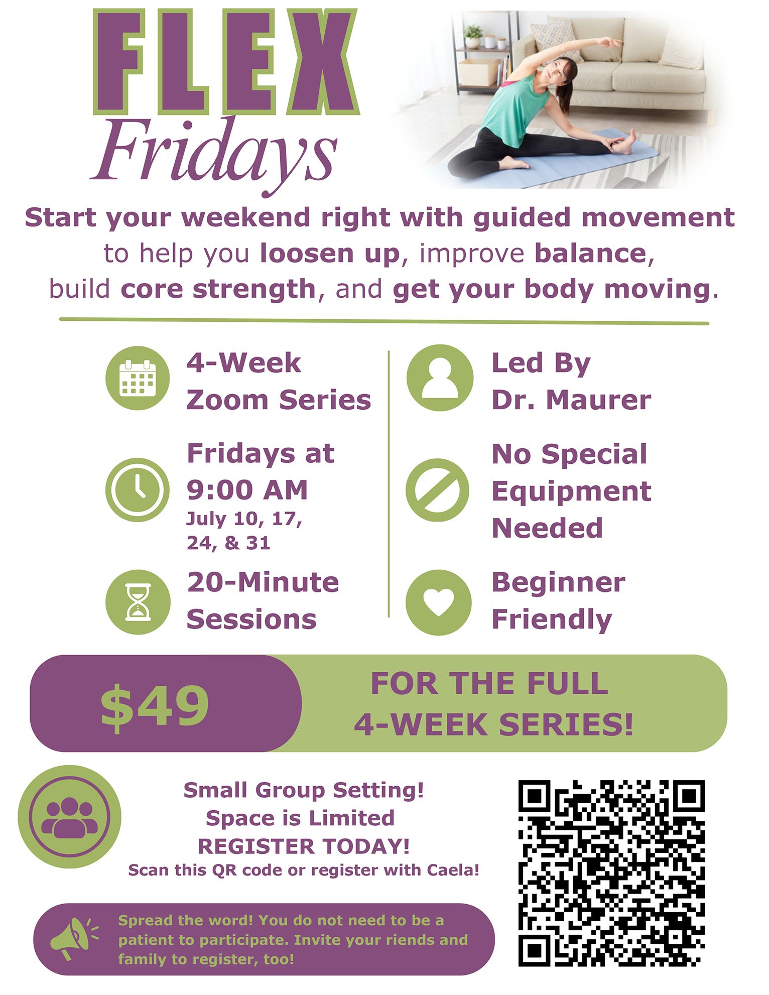 FLEX Fridays workout flyer with guided movement, 4-week zoom series, dates, price, and QR code on green background