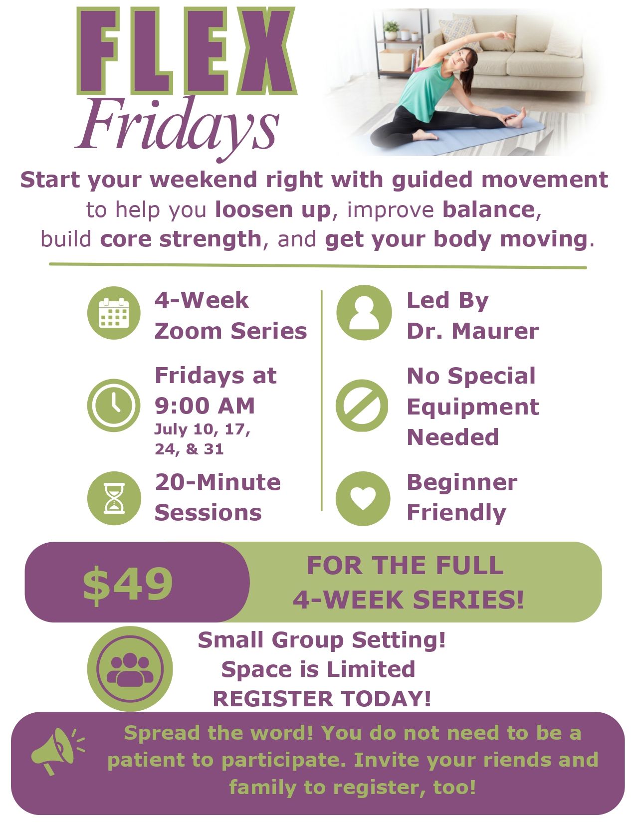 Flex Fridays fitness class flyer with yoga poses, Zoom sessions, $49 for 4 weeks, and beginner-friendly details