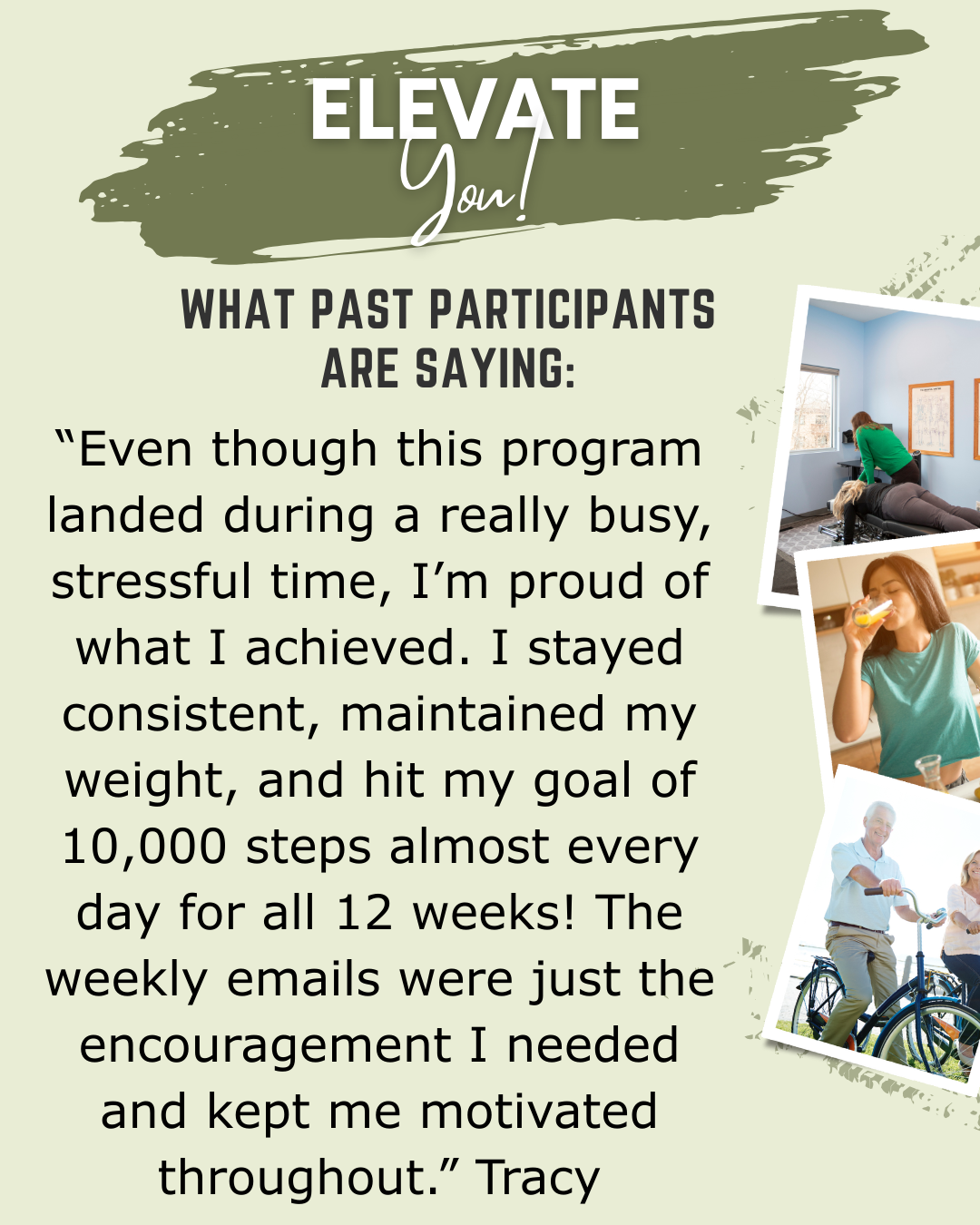Advertisement for a program called Elevate You! with a quote from a participant about achieving fitness goals.