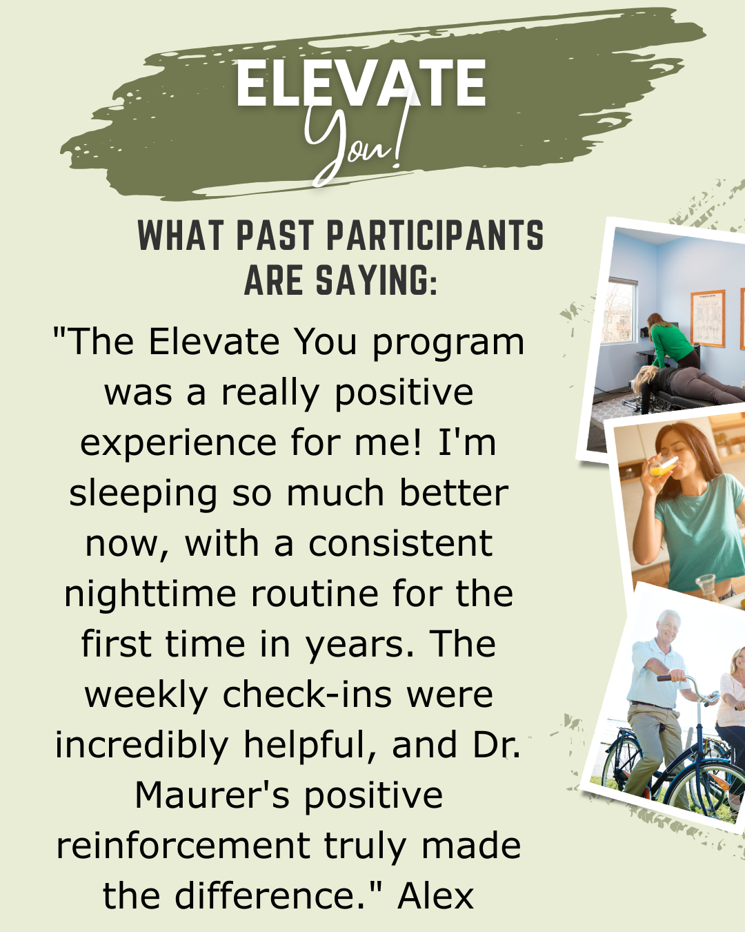 Testimonial for the Elevate You program. Text with a quote about improved sleep, and photos of people.