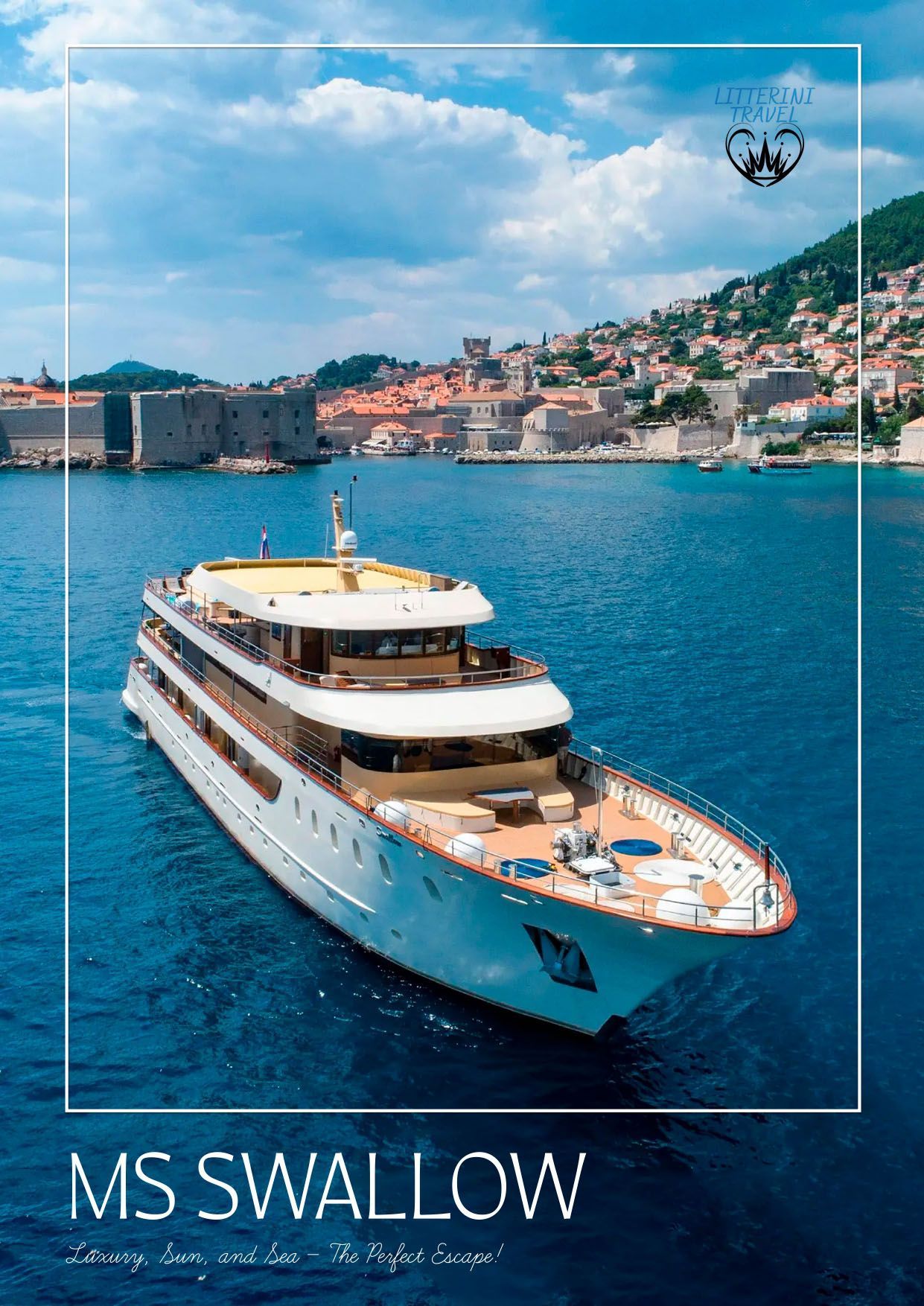 MS Swallow yacht sailing in front of Dubrovnik, Croatia. The boat is white with wooden accents.