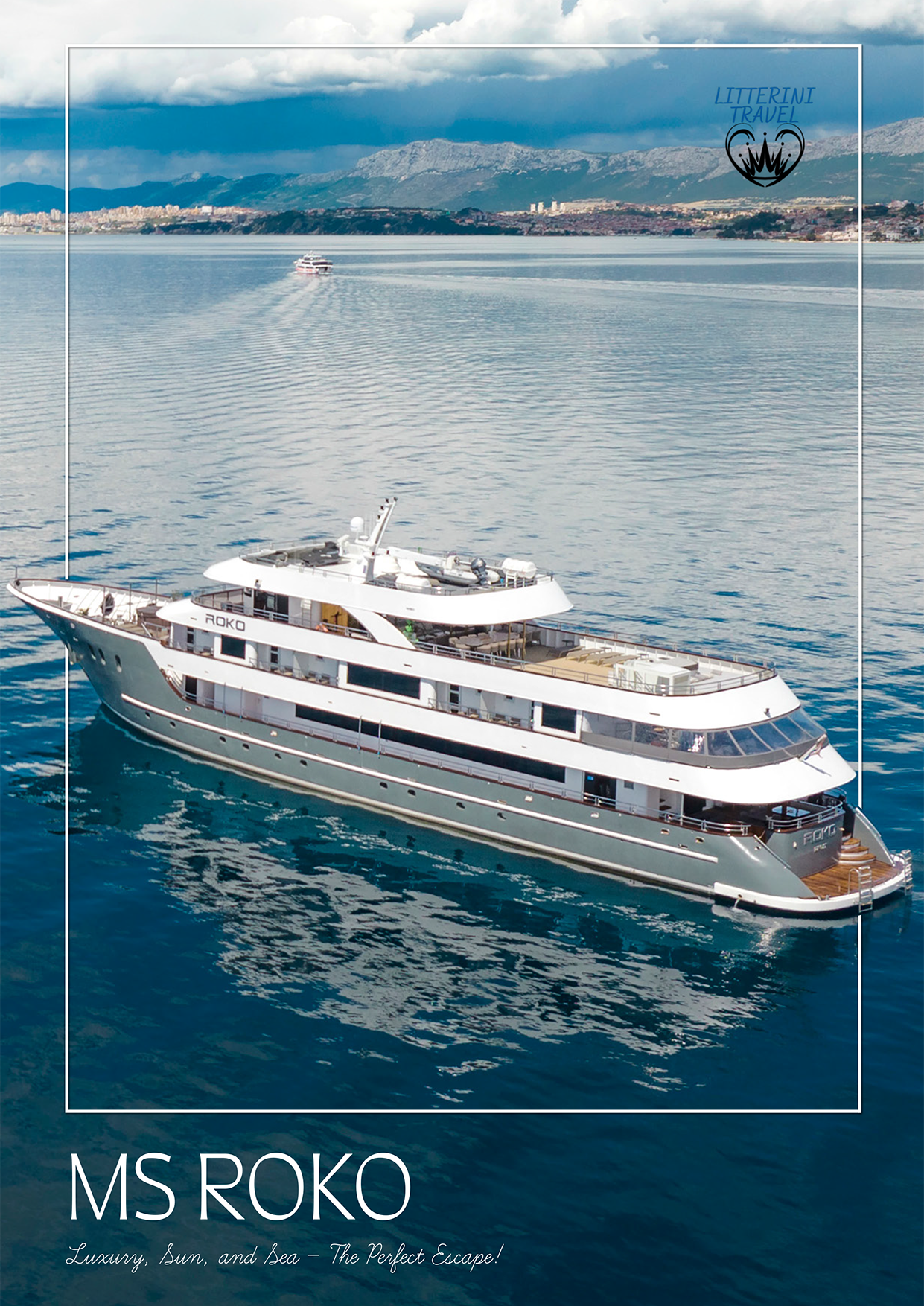 MS Roko luxury yacht cruising on calm, blue waters near a coastline, with a partly cloudy sky overhead.