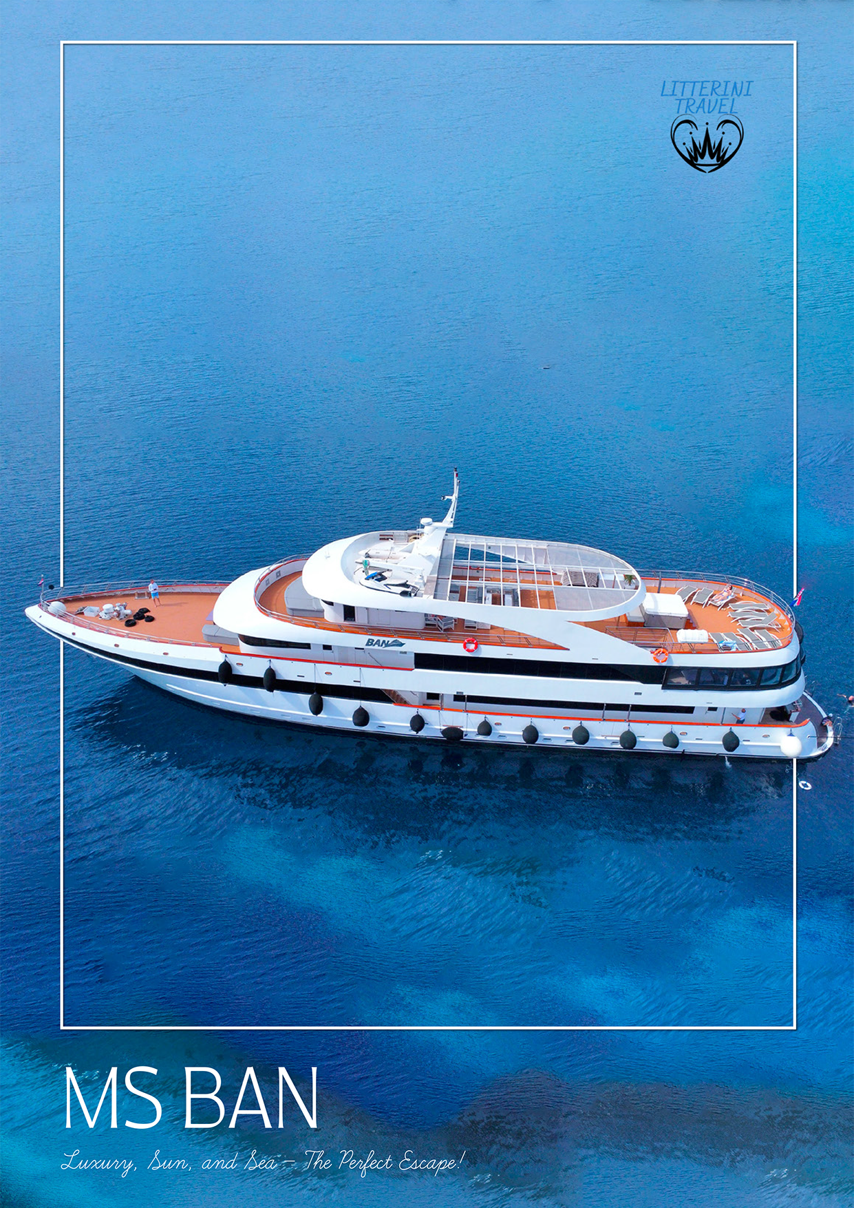 MS Ban yacht sailing on blue water. White and brown vessel with the ship's name at the bottom.