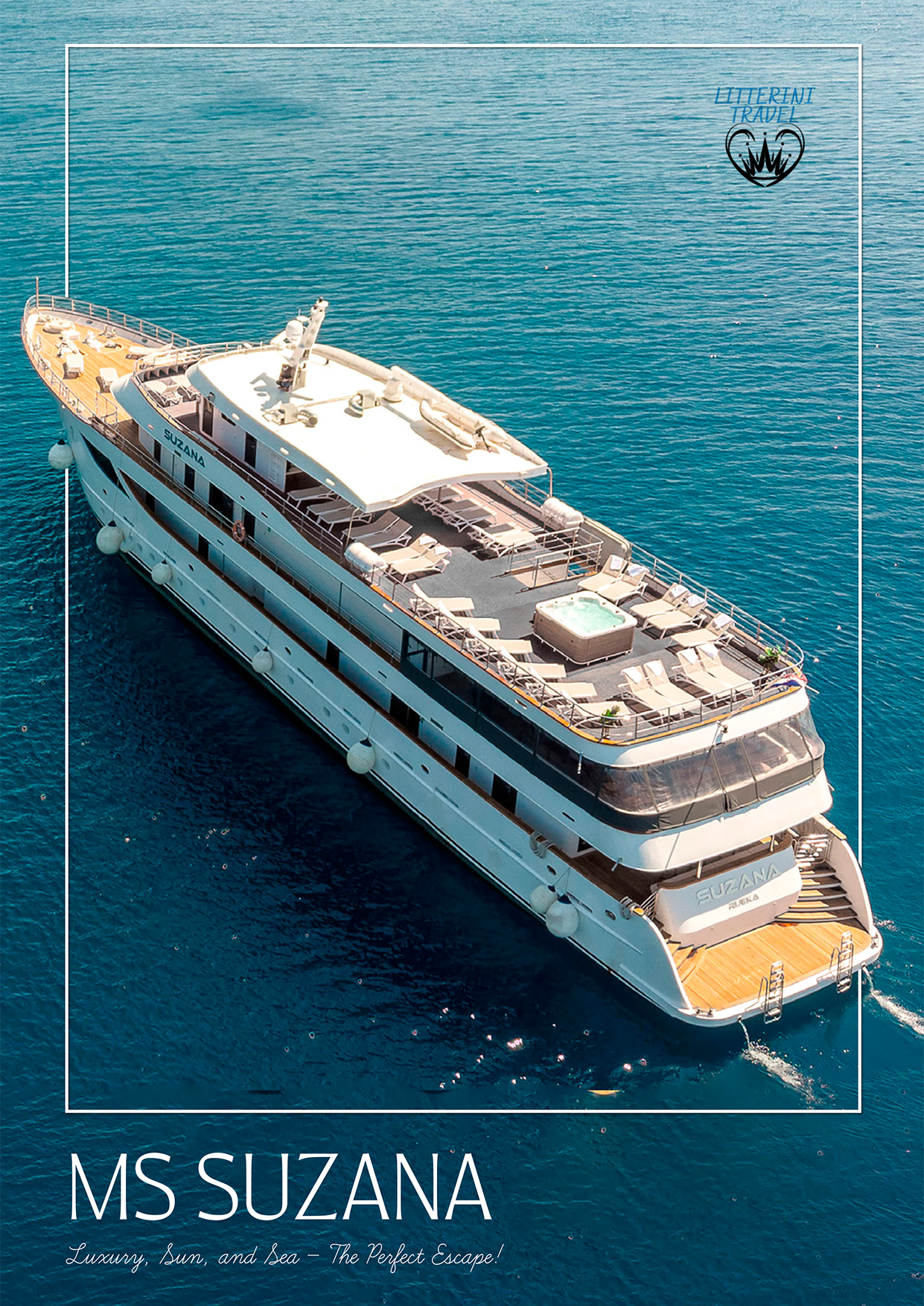 MS Suzana yacht sailing on blue water. The ship has multiple decks with lounge chairs and a jacuzzi.