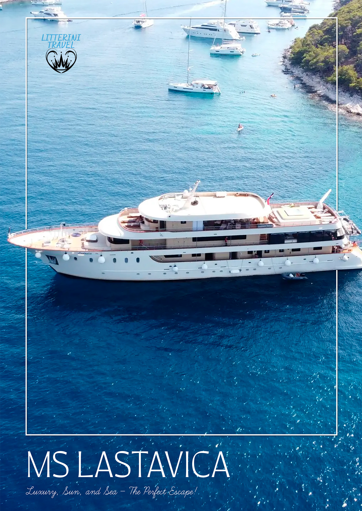 A large white yacht, the MS Lastavica, floats on bright blue water near a coastline with smaller boats.