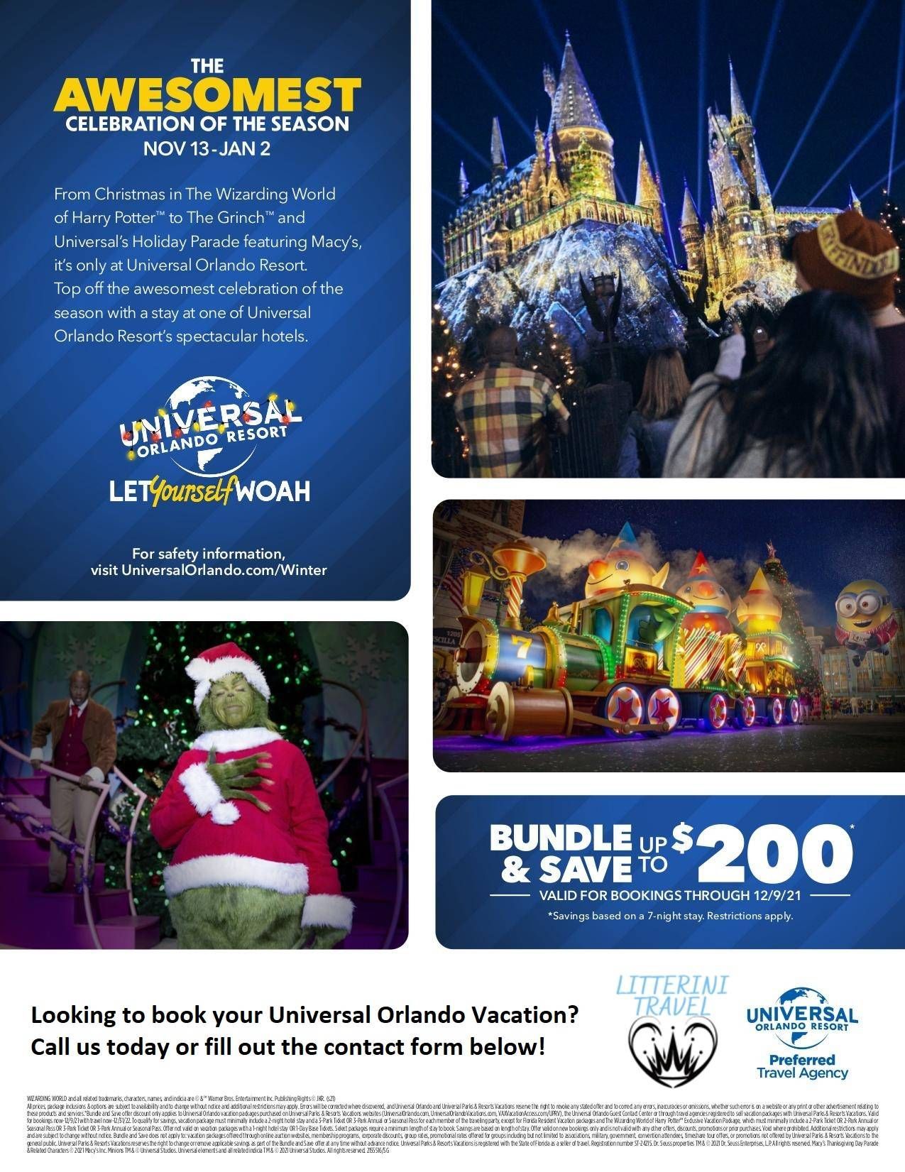 A brochure for universal studios florida shows a grinch in a santa suit.