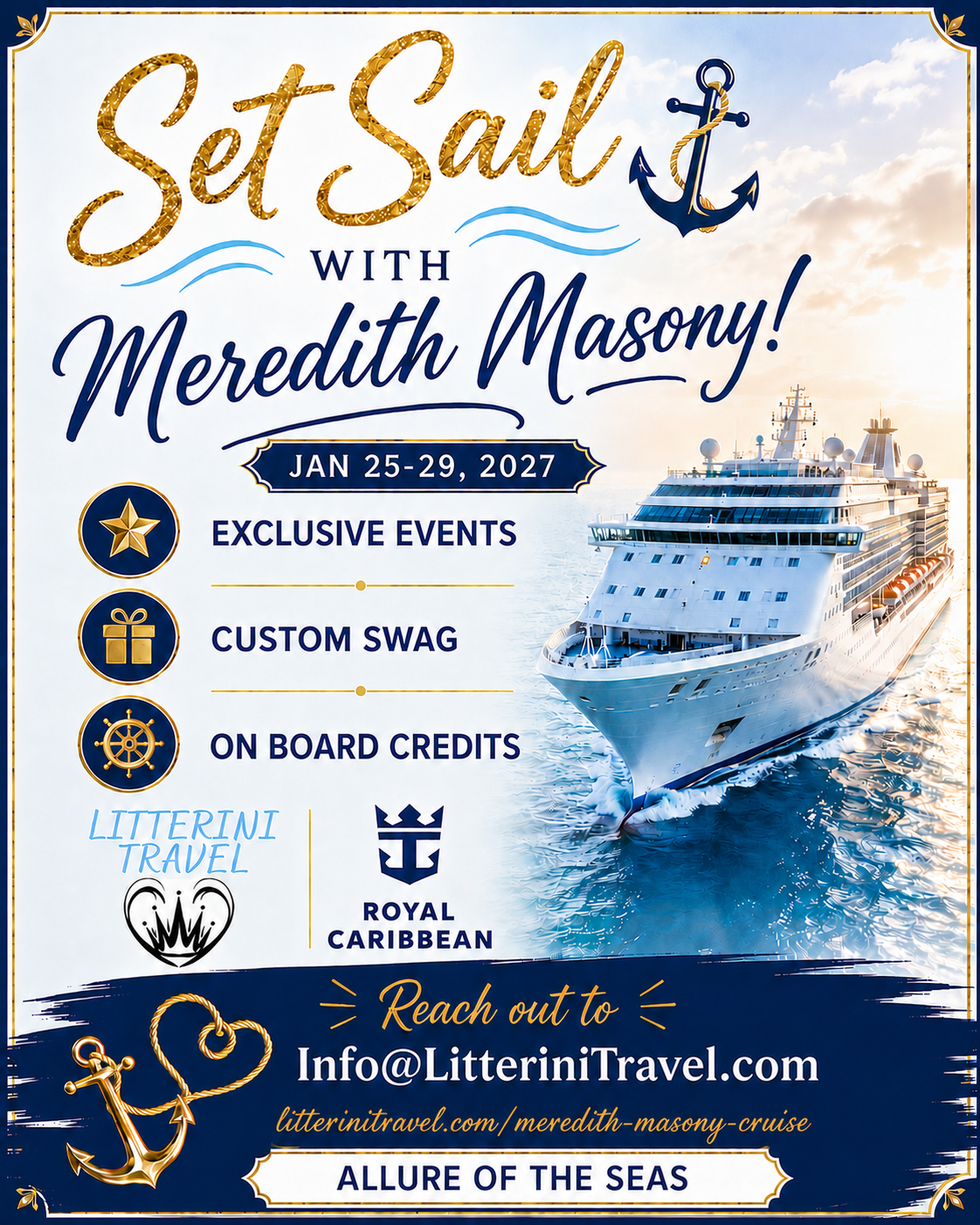 Set Sail with Meredith Masony cruise promotion with ship, blue ocean, and event details on gold-and-white poster