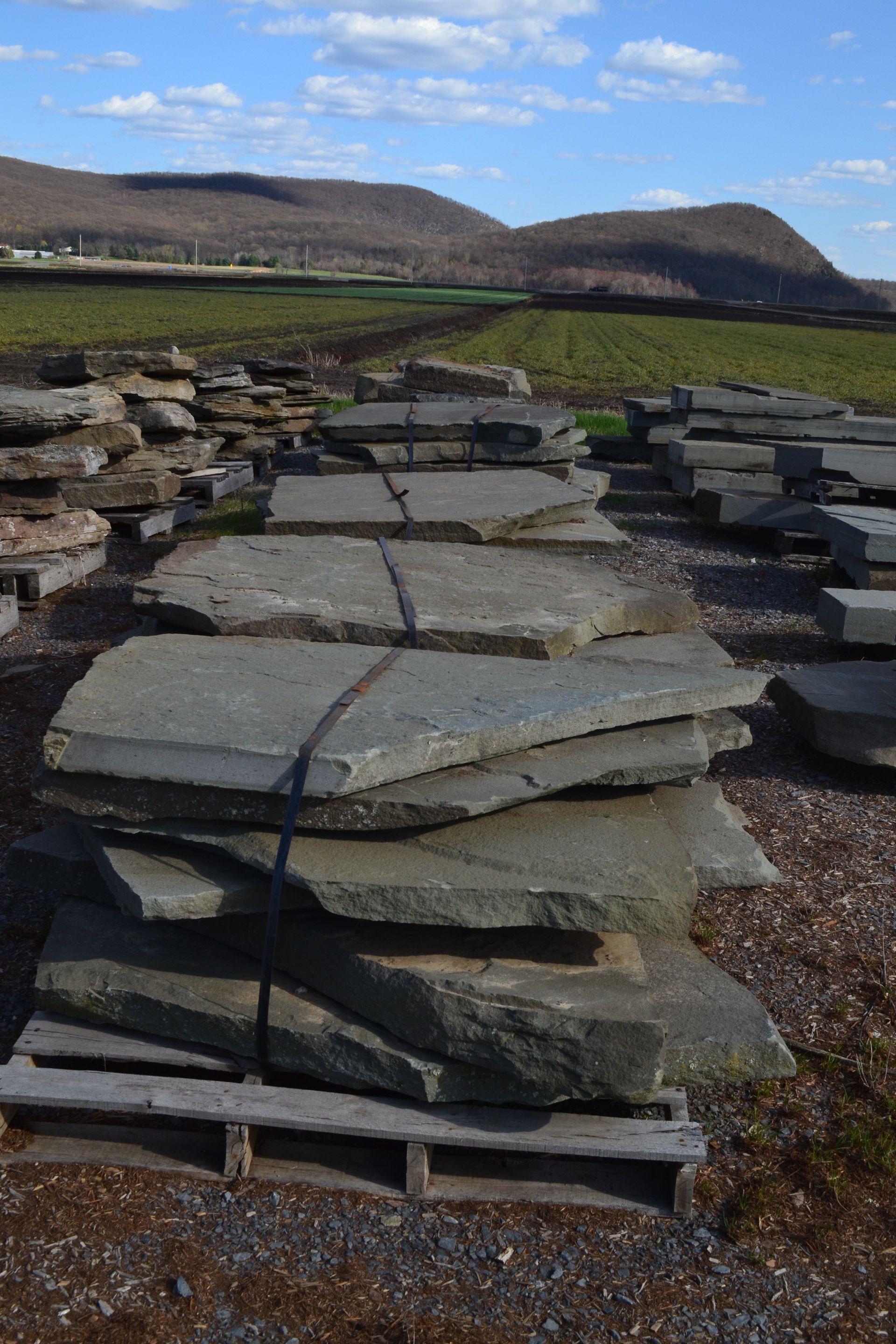a pile of rocks on pallets in a field with mountains in the background