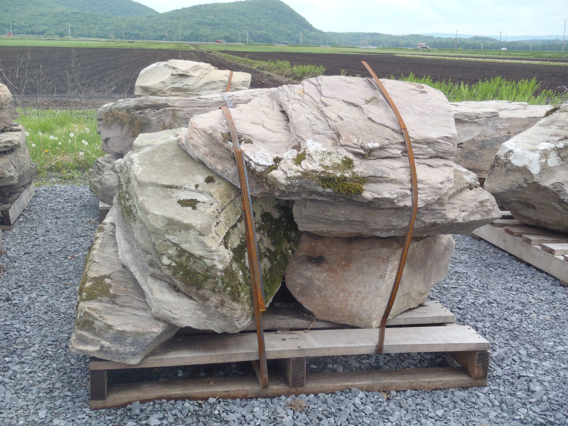 a pile of rocks on a wooden pallet