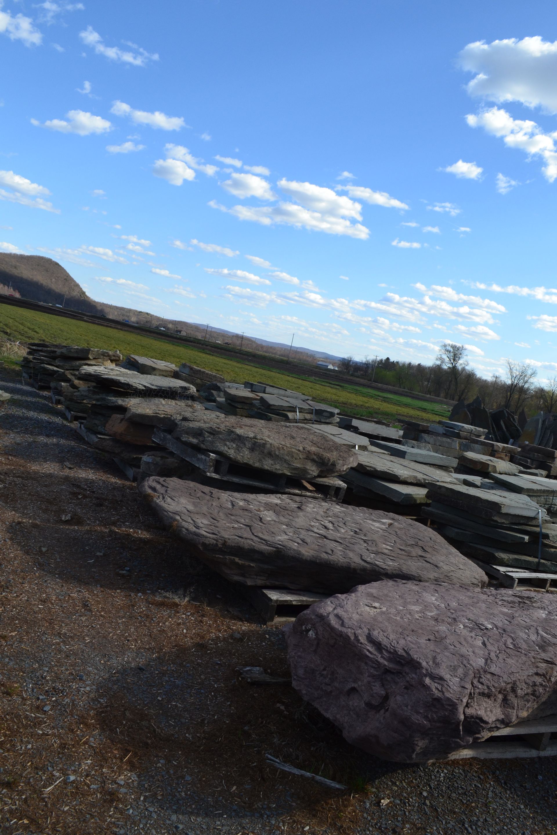 a pile of rocks in a field with a blue sky in the background