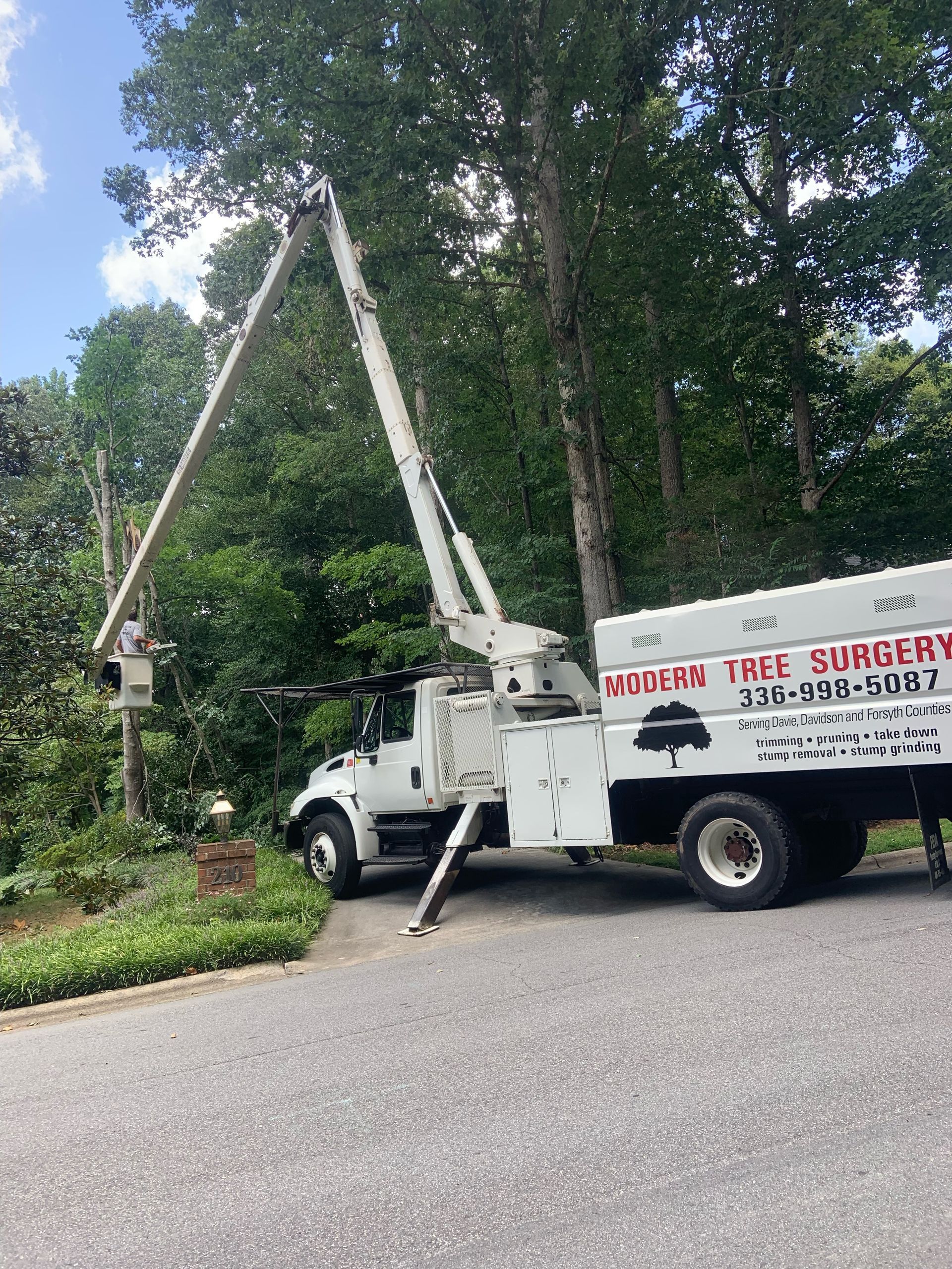 A tree surgeon truck is parked on the side of the road.