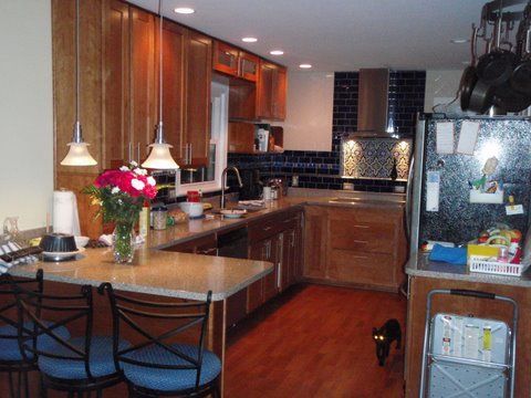 Kitchen with wooden cabinets, granite countertops, and a cat.