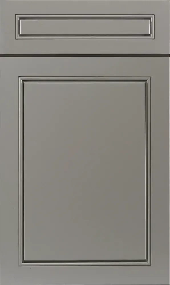 A close up of a gray kitchen cabinet door on a white background.