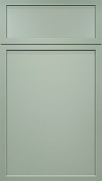 A close up of a green kitchen door on a white background.