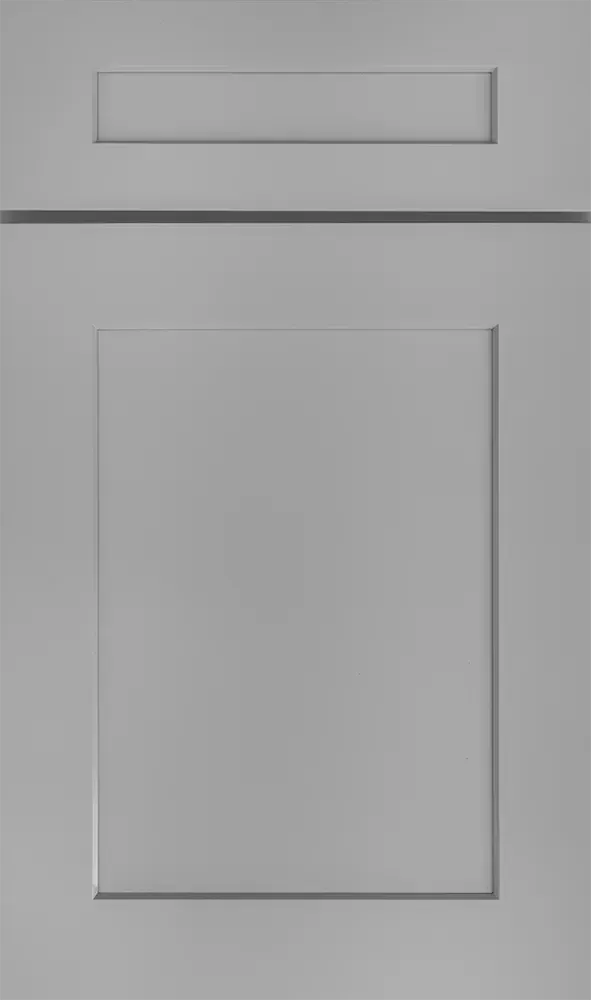 A close up of a gray cabinet door on a white background.