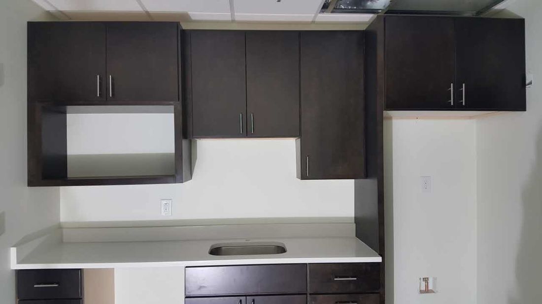 A kitchen with black cabinets , a sink , and a microwave.