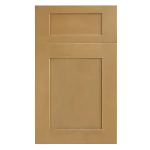 A wooden cabinet door with a square frame on a white background.