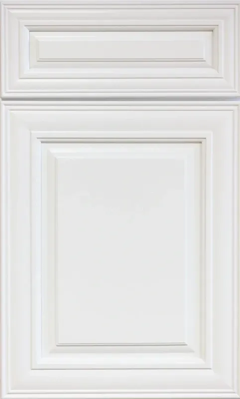 A close up of a white cabinet door on a white background.