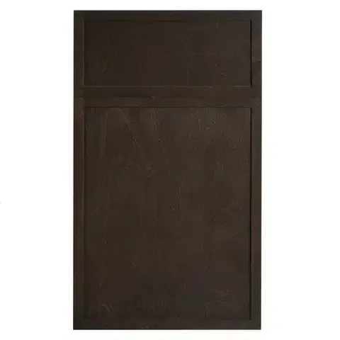 A close up of a brown cabinet door on a white background.
