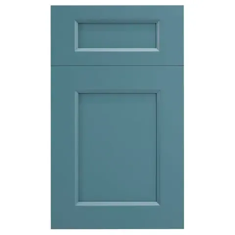 A blue cabinet door with a square frame on a white background.