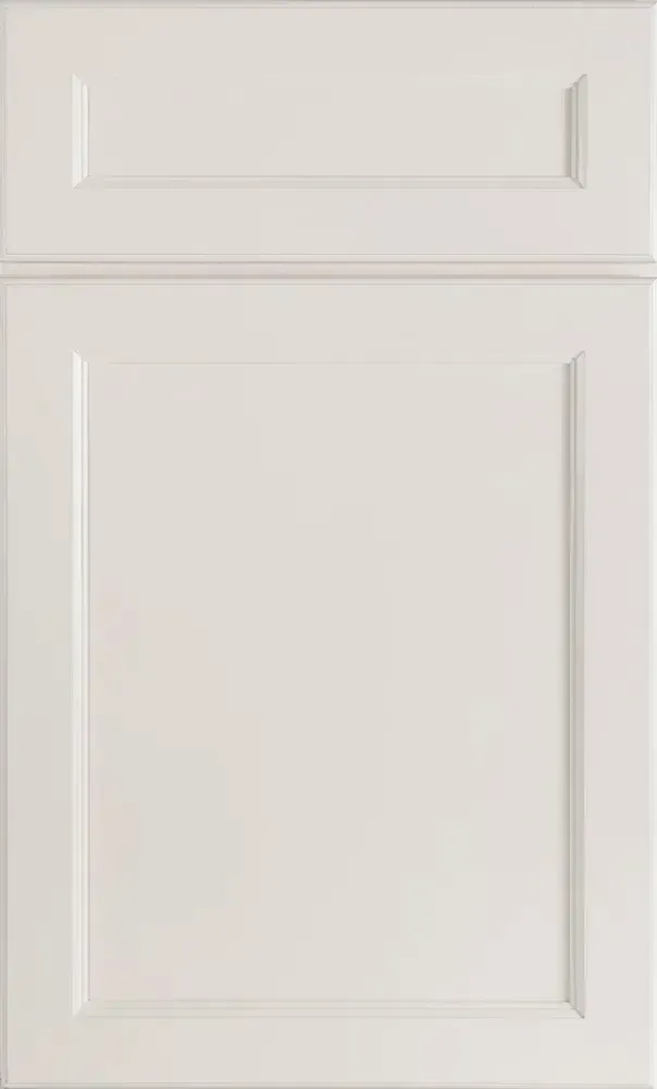 A close up of a white cabinet door on a white background.