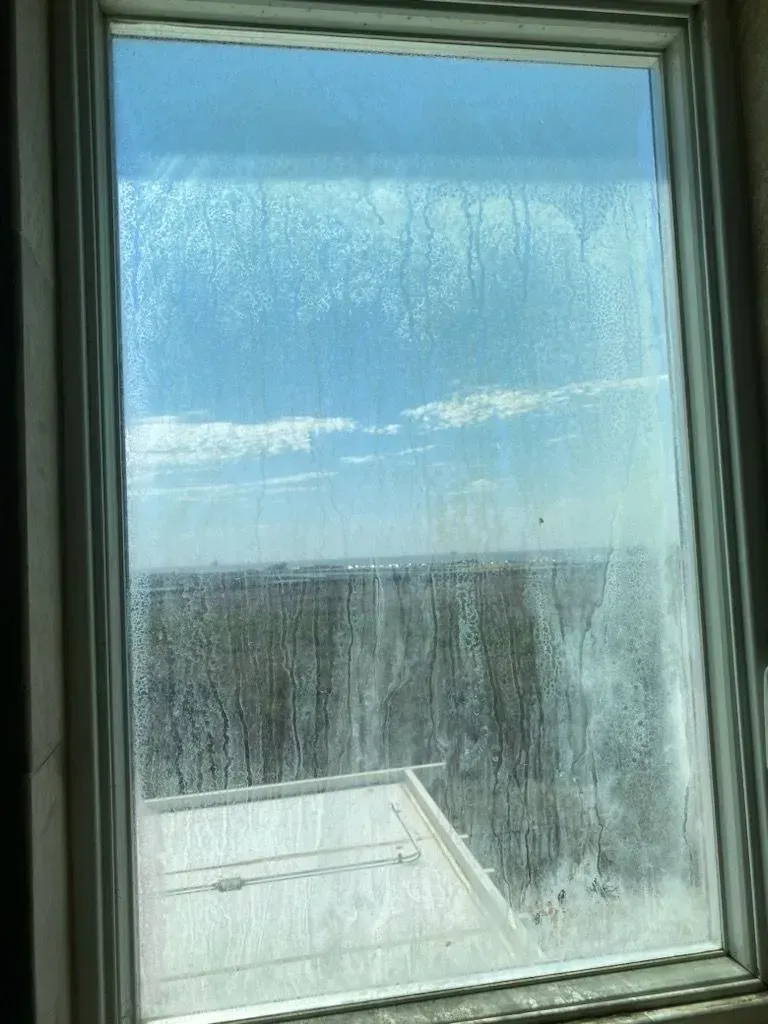 Window with condensation obscuring view of a skyline and trees under a partly cloudy sky.