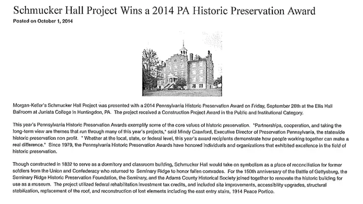 Schmucker Hall at Juniata College wins a 2014 PA Historic Preservation Award. Text on a page with a building photo.