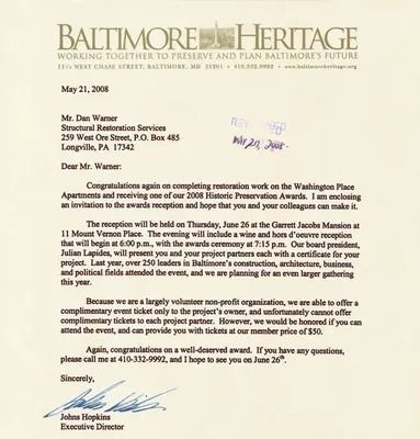 Letter from Baltimore Heritage to Mr. Warmer, congratulating him on a preservation award and inviting him to a reception.