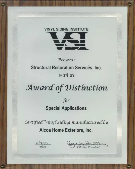 Plaque for Structural Restoration Services: 