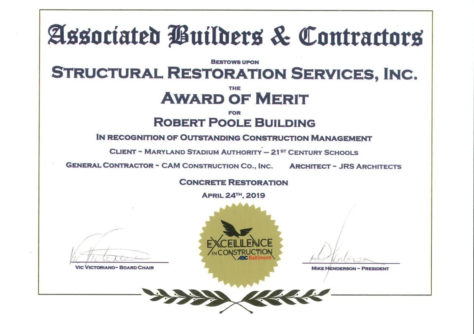 Award of Merit certificate for Robert Poole Building concrete restoration by Associated Builders & Contractors.