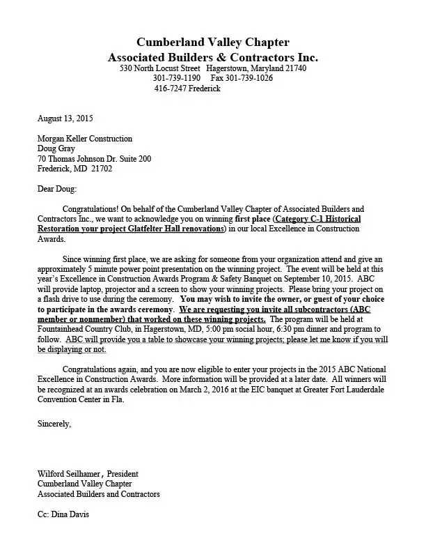 Letter from Cumberland Valley Chapter of Associated Builders & Contractors Inc. announcing a first-place win.