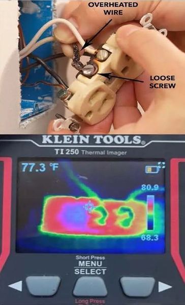 An electrician examines an outlet with a thermal imager. The image shows a loose screw and an overheated wire.