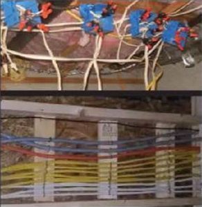 Two views of electrical wiring: top shows connected wires, bottom displays neatly bundled cables.