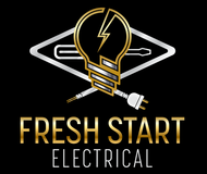 Logo for Fresh Start Electrical. Gold and white lightbulb with lightning bolt, silver tools, black background, gold text.