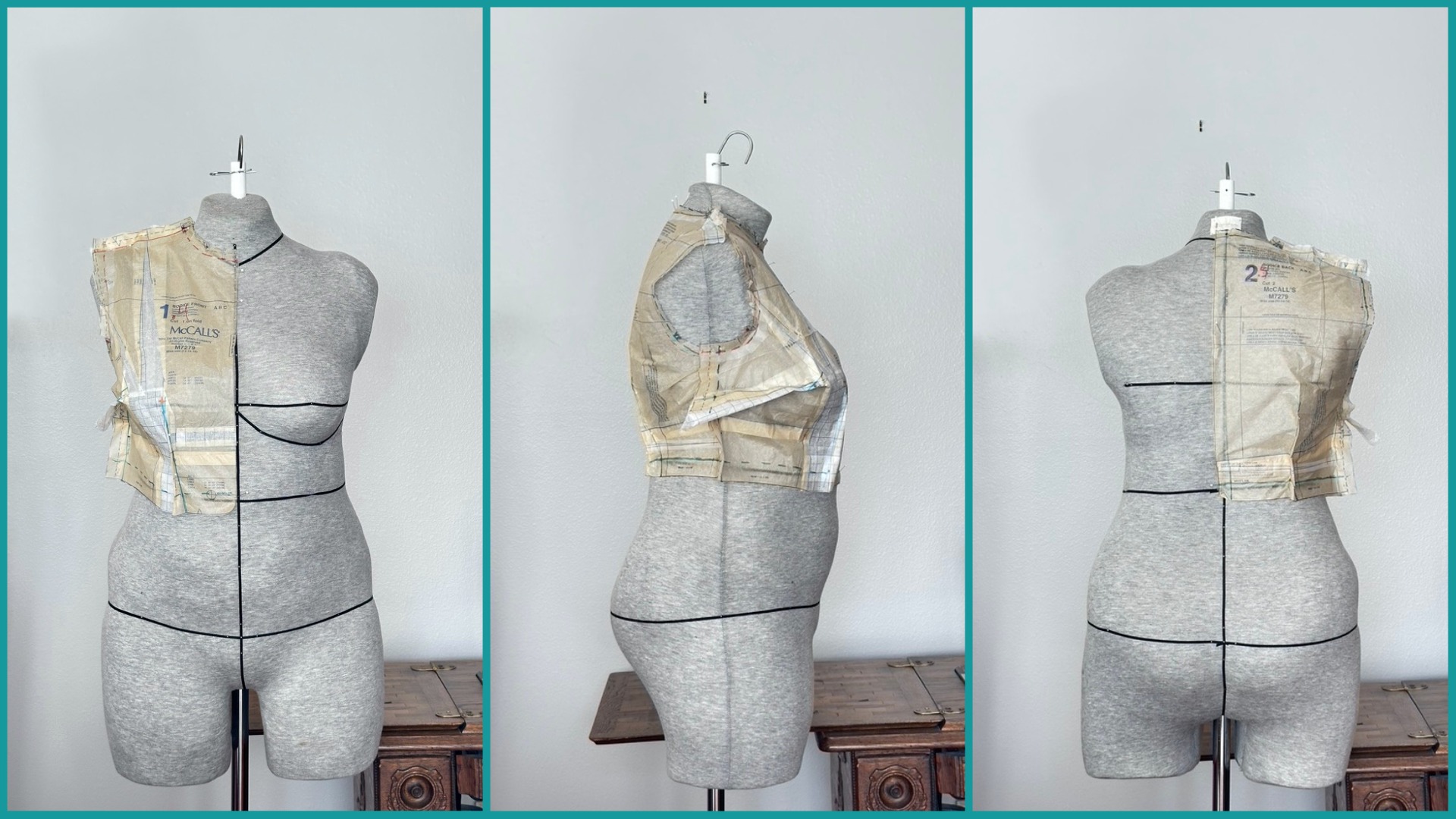 Three views of a dress form with a bodice pattern pinned on it.