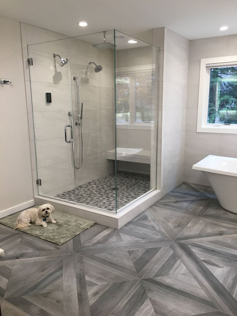 Modern bathroom with glass walk-in shower, patterned tile floor, and a dog resting on a mat.