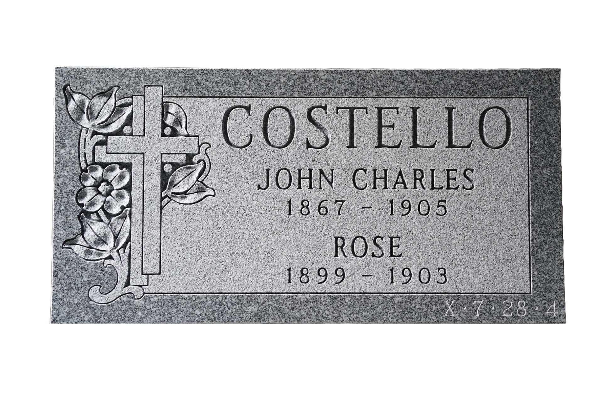 A gravestone for john costello with a cross and flowers on it.