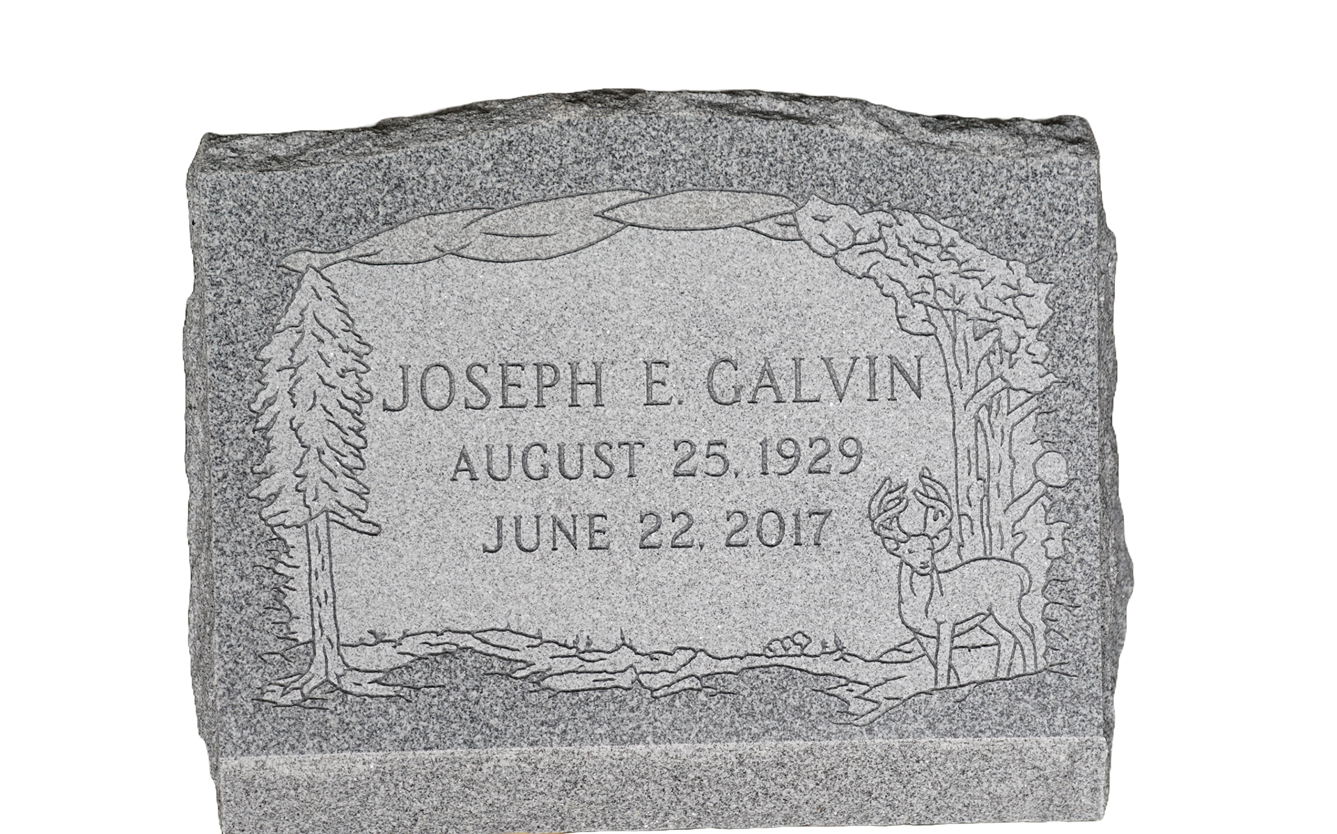 A gravestone for joseph e. galvin is on a white background.
