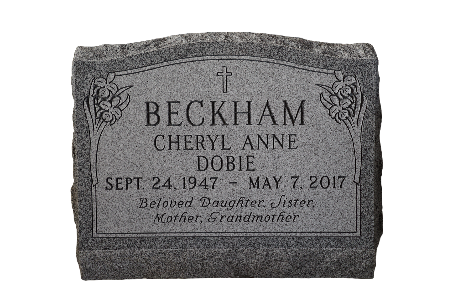 A gravestone for beckham cheryl anne dobie on a white background.