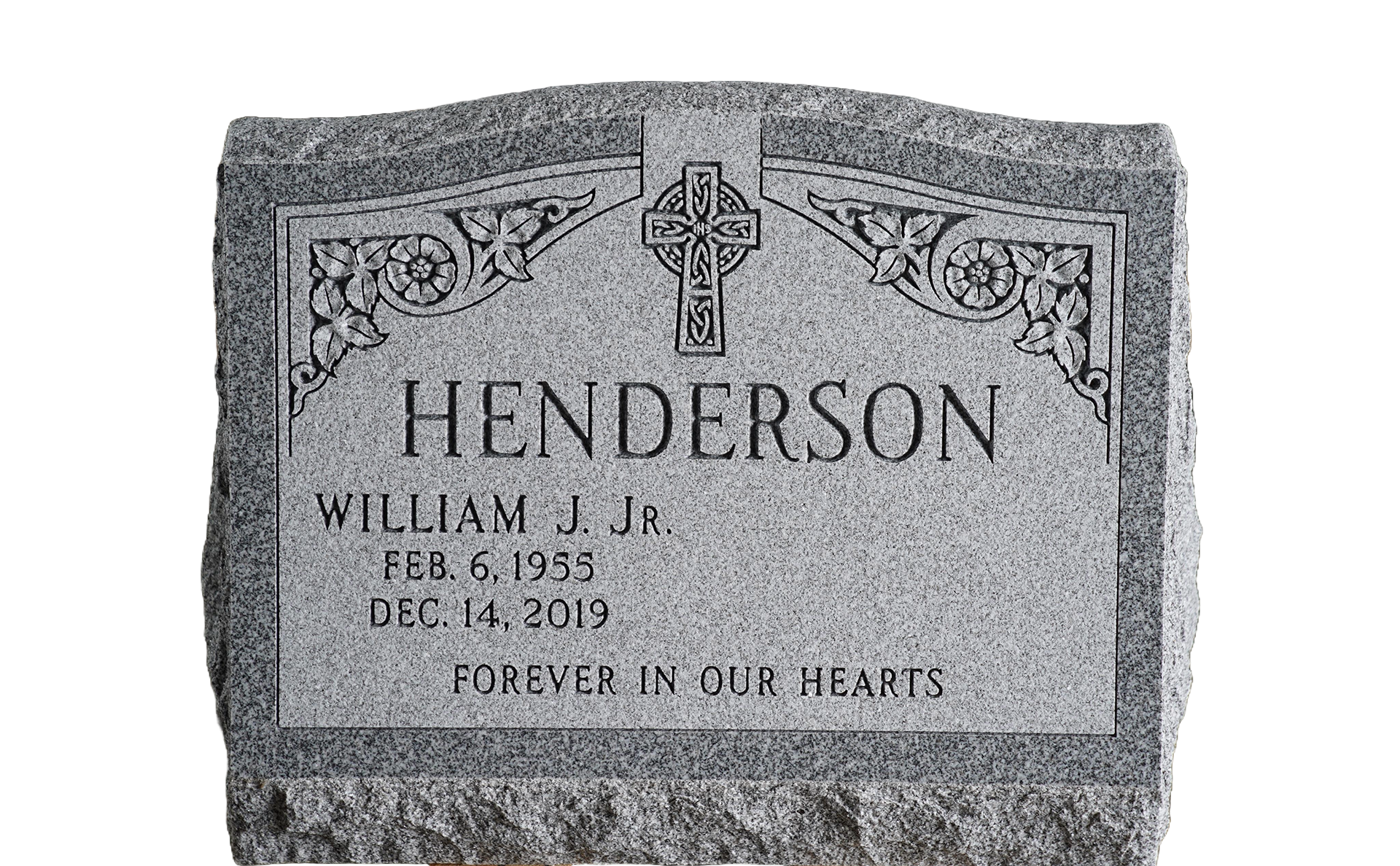 A gravestone for william j. j. henderson is sitting on a wooden stand.
