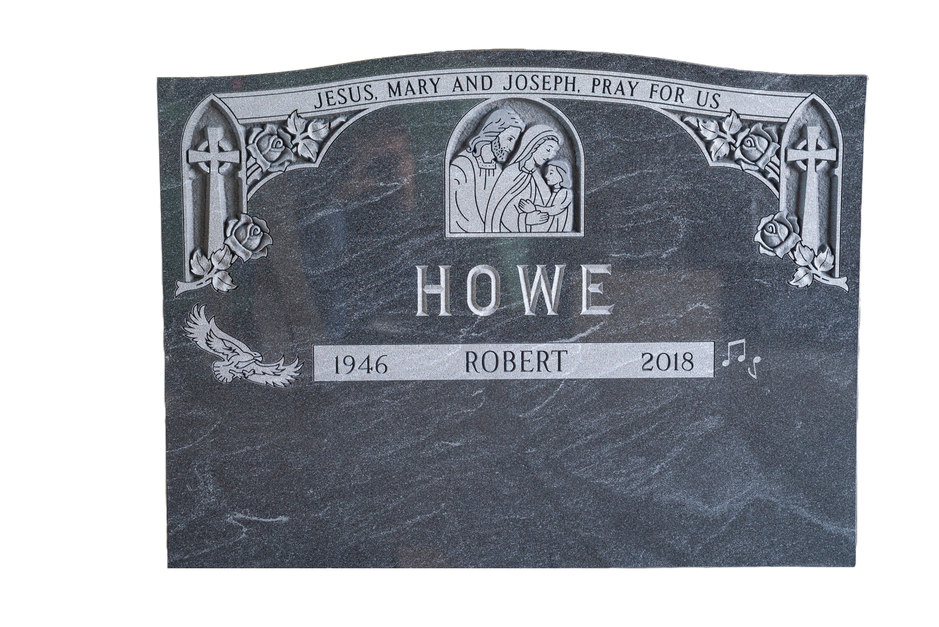 A black gravestone with the name howe on it is sitting on a wooden stand.